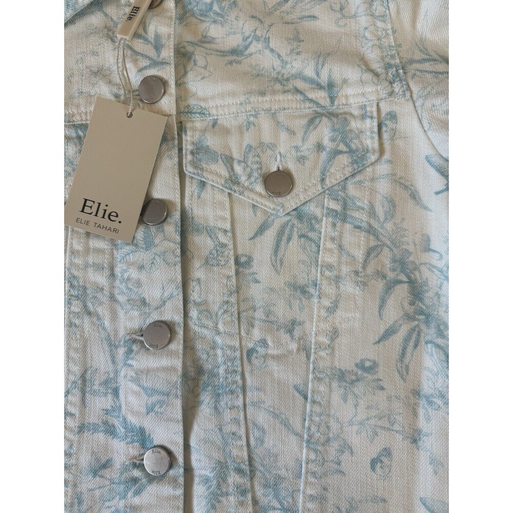 ELIE TAHARI Floral Denim Jacket Cropped Raw Hem White Blue Size M Cotton - Picture 7 of 16
